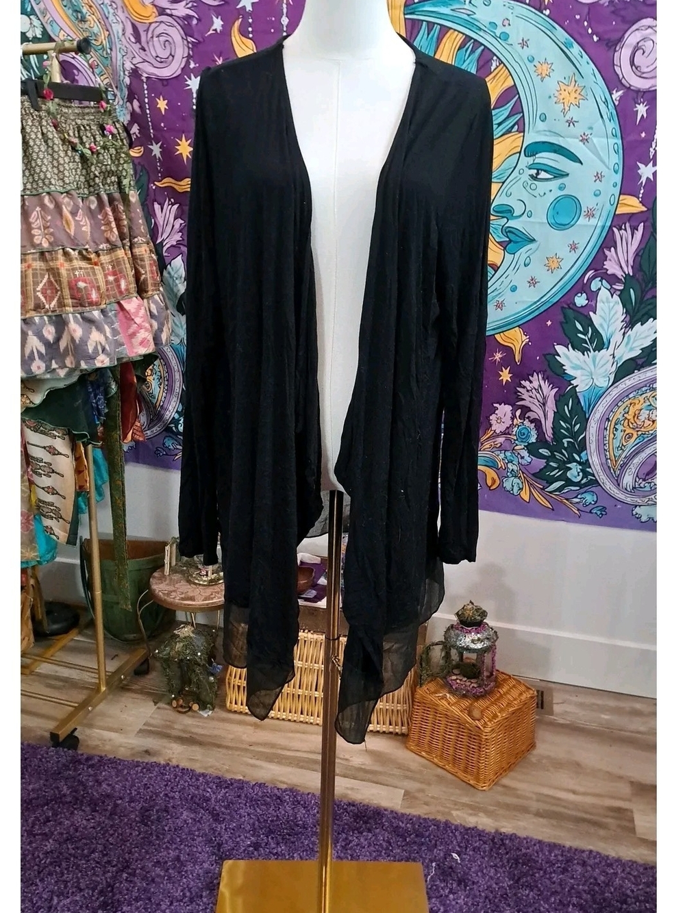 Black Shadowfall Duster Cardigan Sheer Chiffon Asymmetrical Hem Boho 2XL